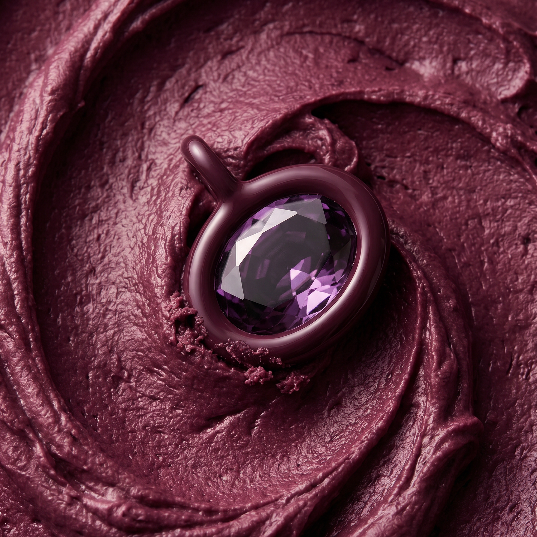 A close-up of a dark plum purple gemstone pendant in a matching dark purple bezel setting, resting on a swirl of textured, similarly colored purple cream or wax.