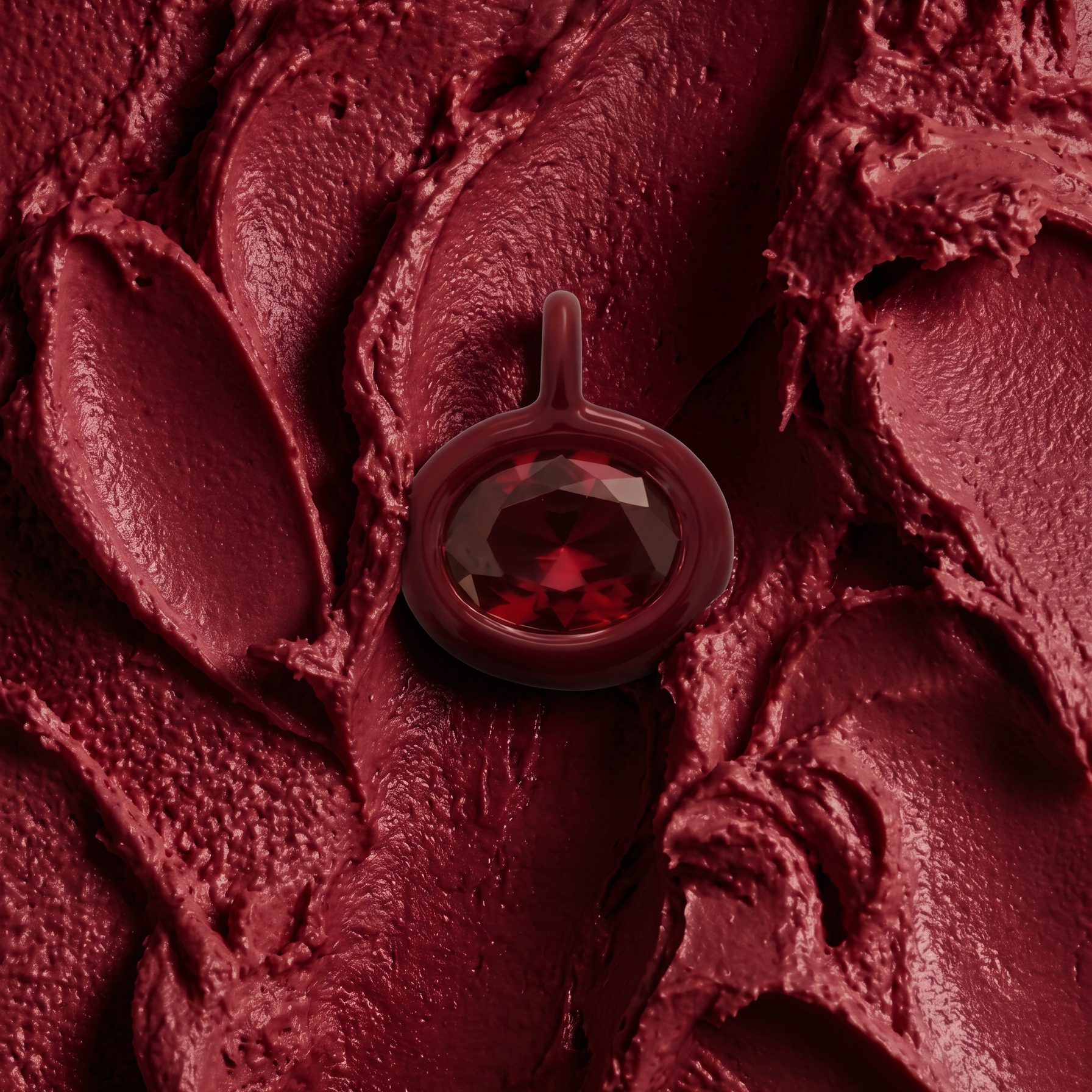 A close-up of a dark red gemstone pendant or locket with a small loop at the top, resting on a textured background of deep red cream or clay-like material.