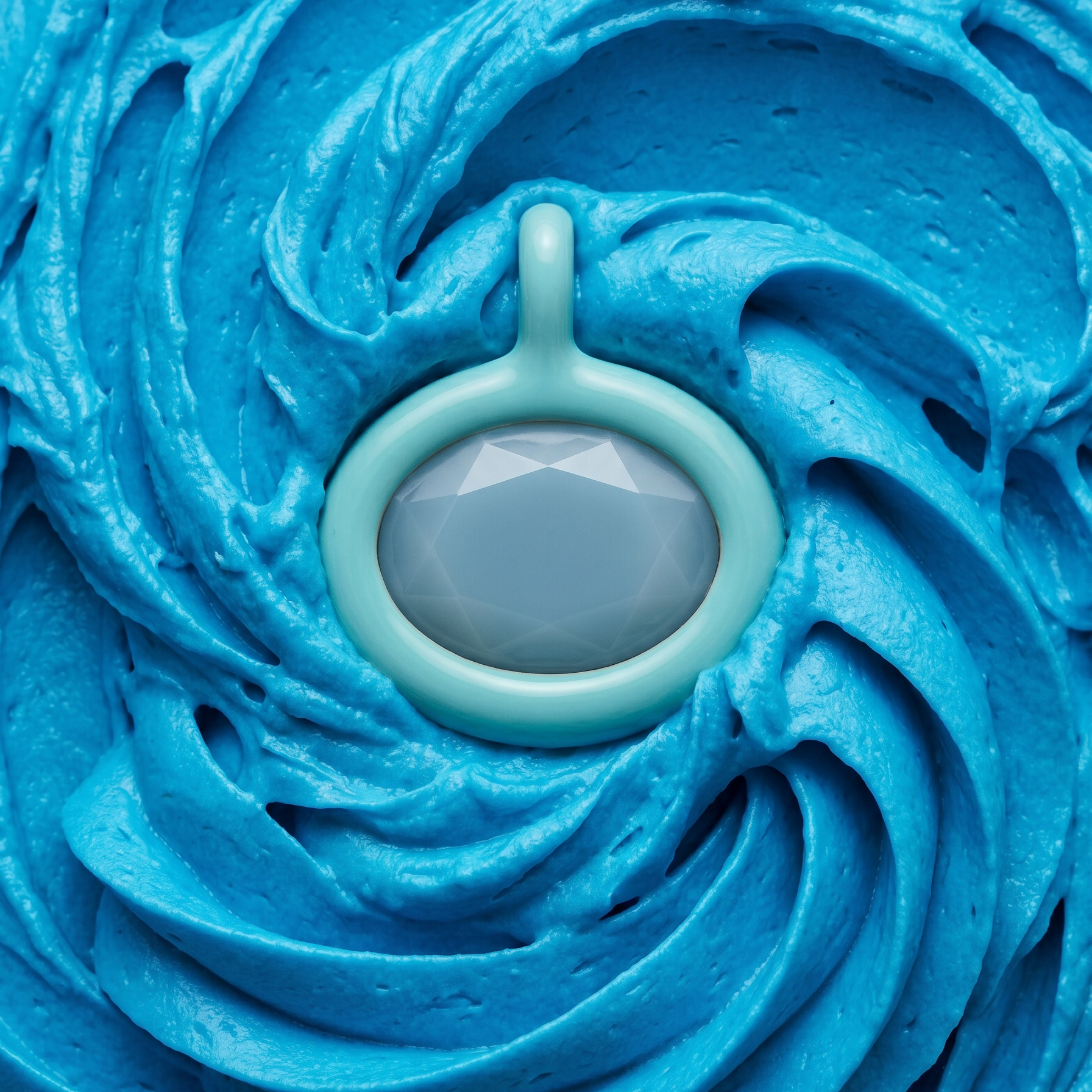 A close-up of a light blue av jewels birthstone pendant with a faceted gray-blue gemstone, set against a background of bright blue whipped cream swirled in a spiral pattern.