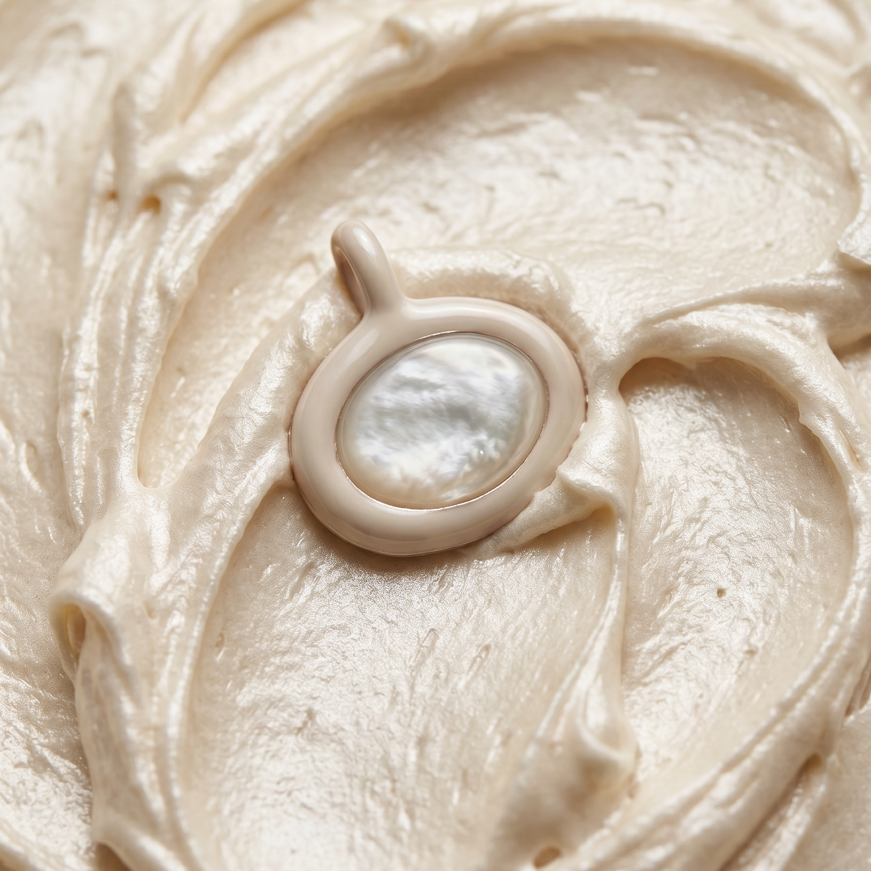 A close-up of a cream-colored oval pendant with a lustrous white mother-of-pearl center, resting on a textured swirl of cream-colored cream or clay.