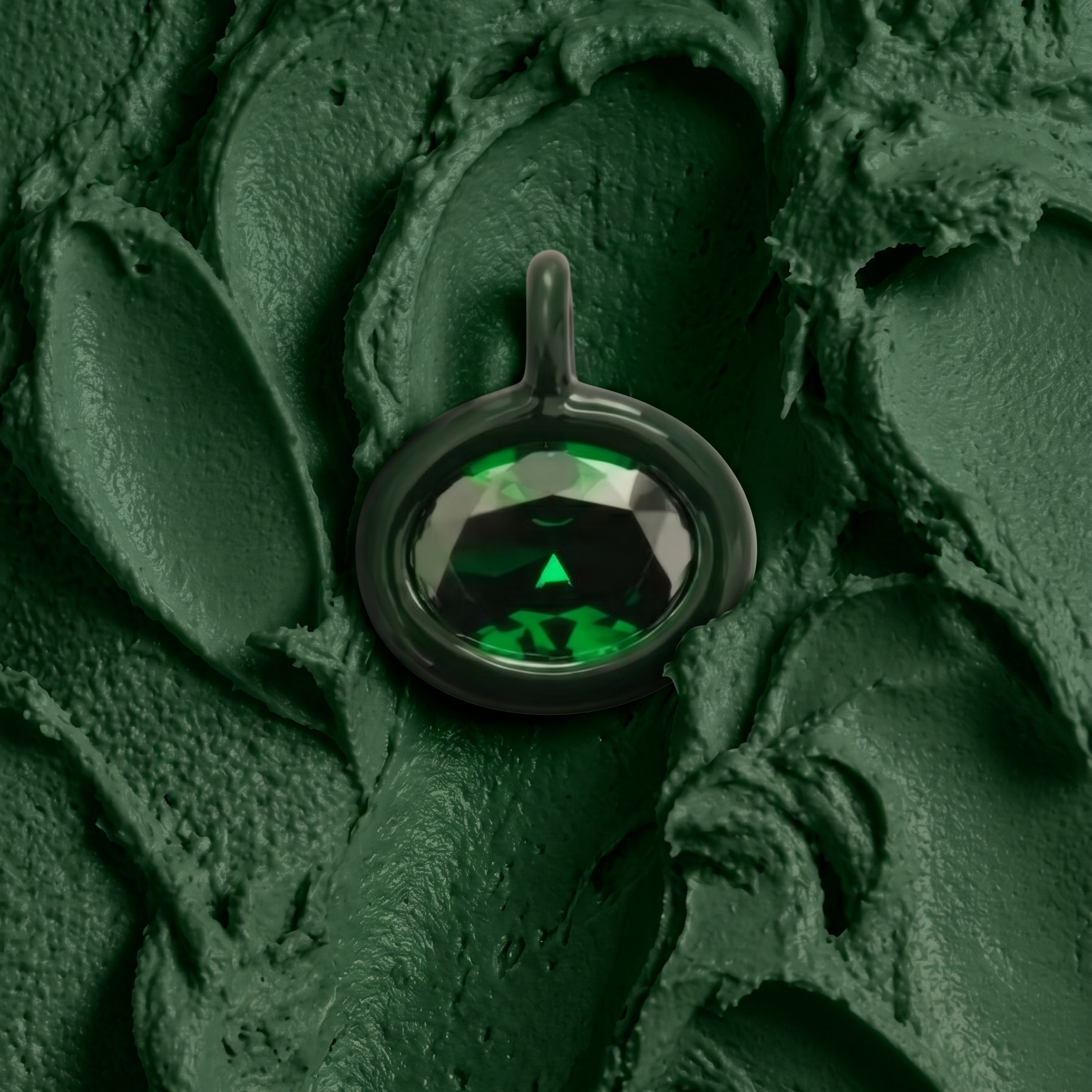 A dark green faceted gemstone pendant with a triangular cutout in the center, set in a dark metallic bezel, resting on a textured, swirled dark green background.