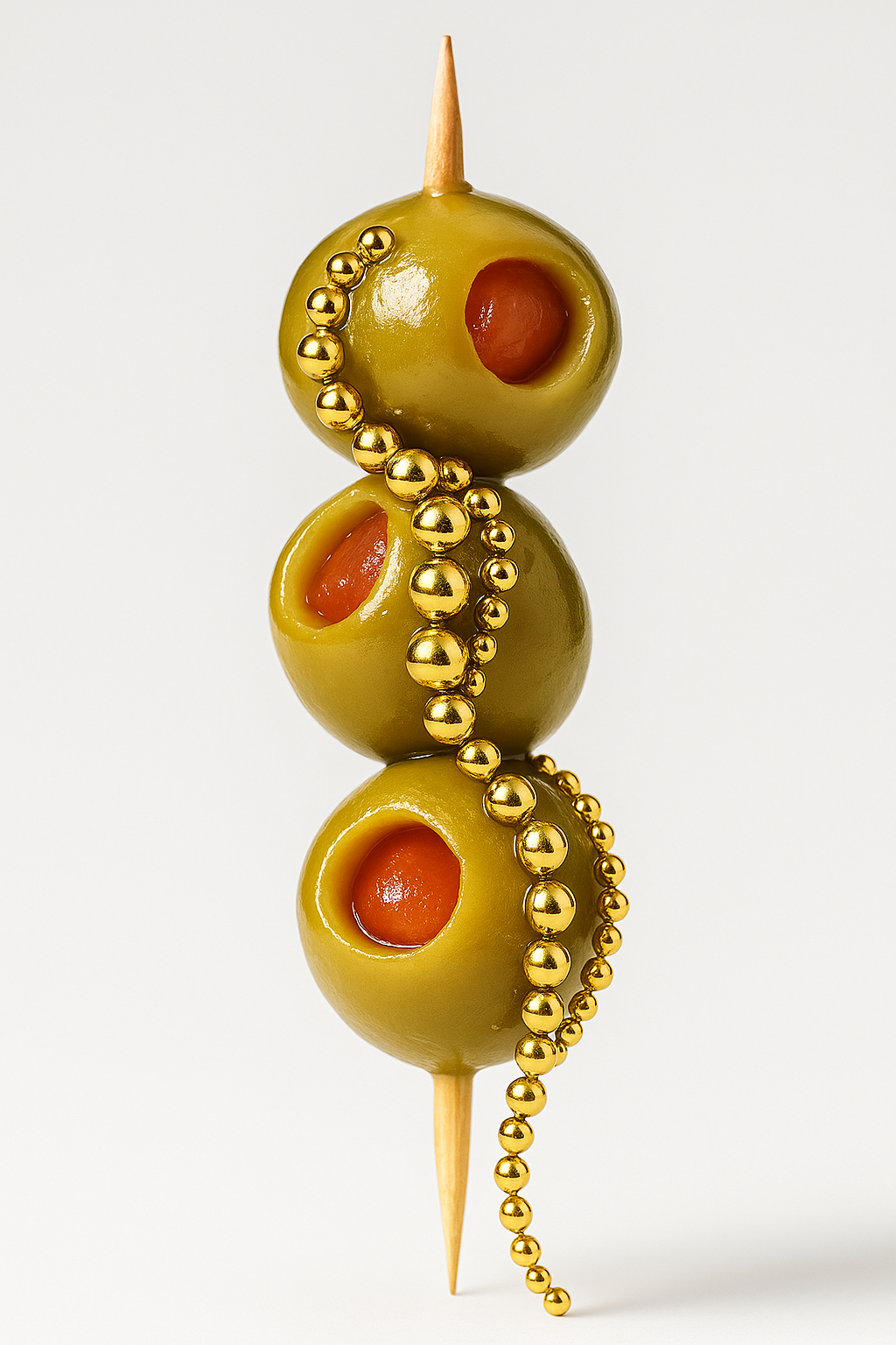 Olives with gold AV Jewels Jewelry Beads drapping down for an editorial style photo.