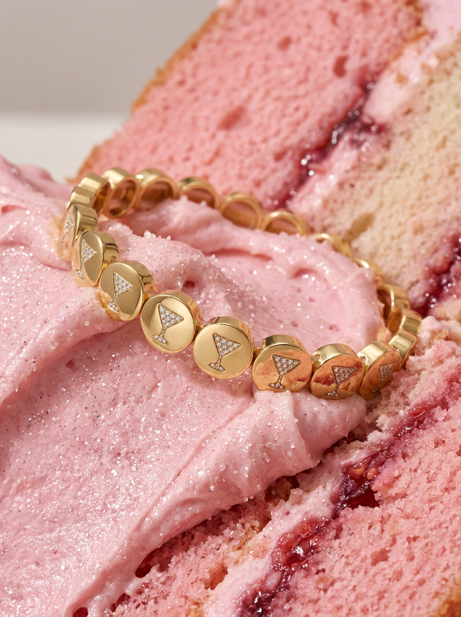 AV Jewels Jewelry Tini Time Bracelet on a Pink frosty and sweet looking cake - charm bracelets calgary alberta
