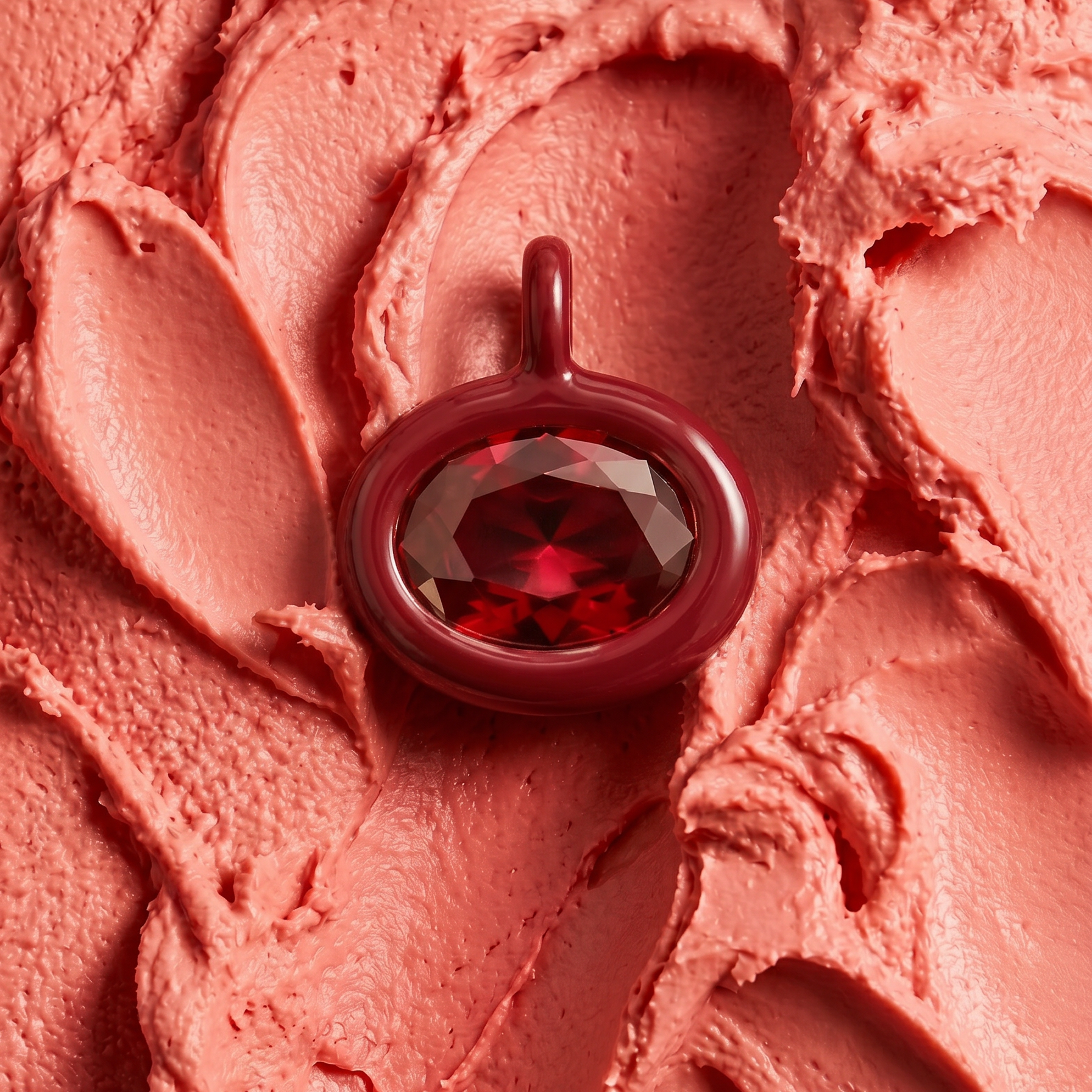 A close-up of a dark red oval pendant with a faceted red gemstone, resting on a textured background of pinkish-red cream or frosting.