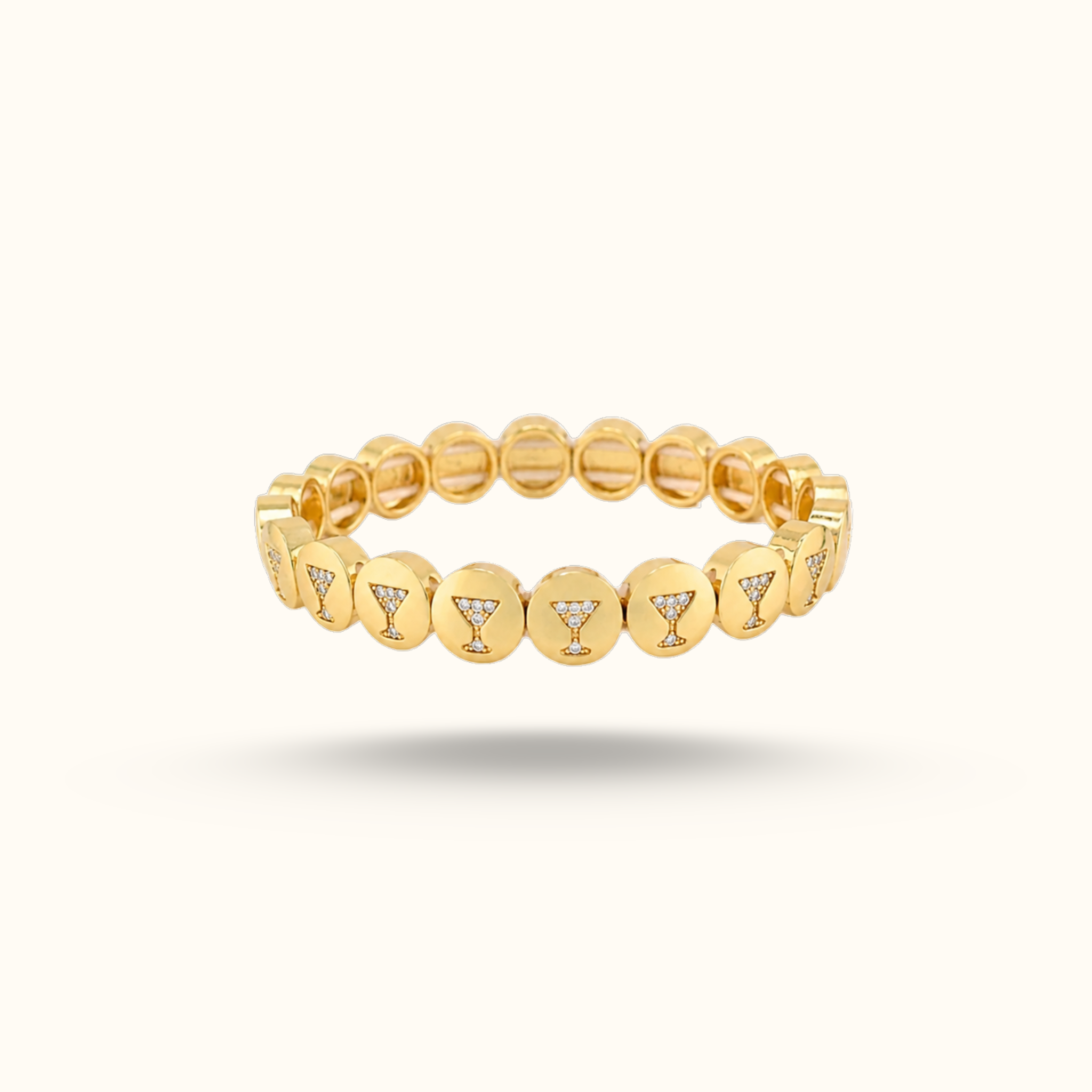 Gold bracelet with martini glass charms on a white background from AV Jewels Jewelry by founder Averie Derkach
