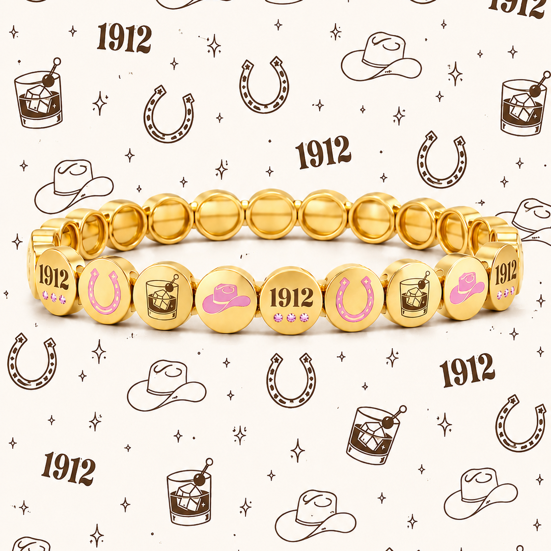 Gold beaded bracelet with cowboy-themed charms on a patterned background