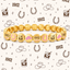 Gold beaded bracelet with cowboy-themed charms on a patterned background