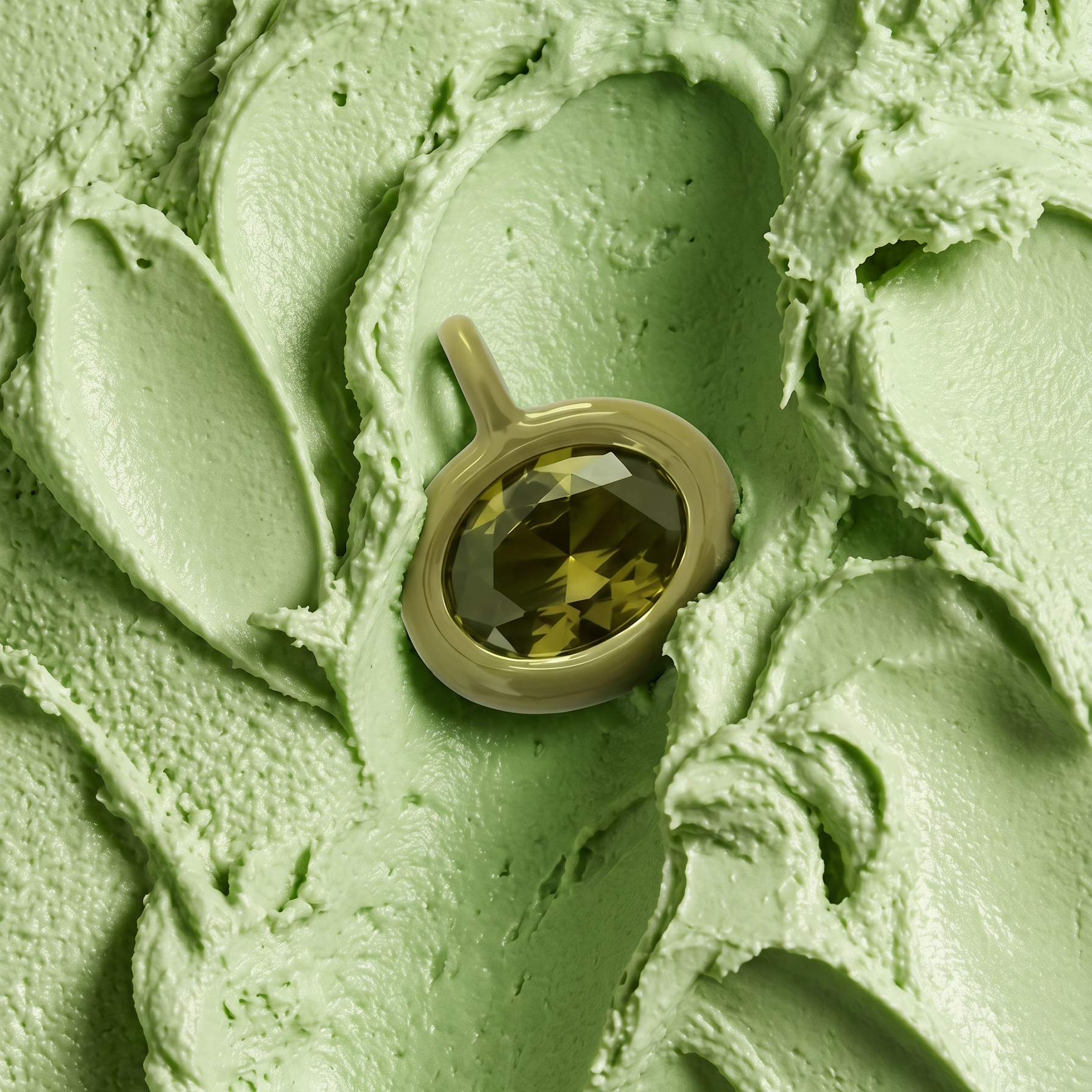 A close-up of a gold-toned oval pendant with a faceted olive-green gemstone, resting on a textured background of light green whipped cream or butter.
