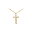 Gold cross necklace with clear stones on a white background