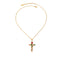 Gold necklace with a cross pendant featuring red and green stones on a white background