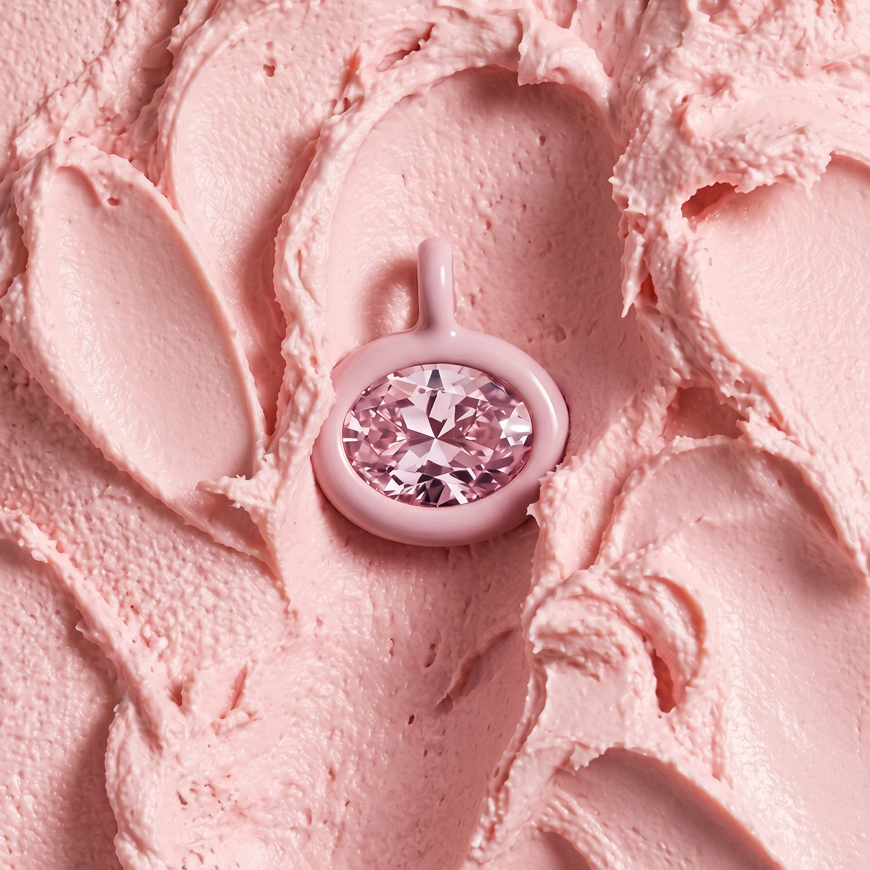 Pink ice cream with a decorative pink pendant from av jewels on top