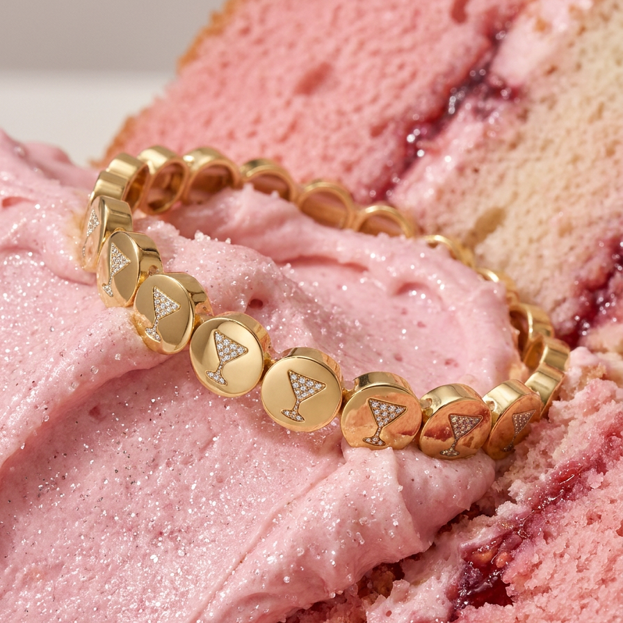 Gold bracelet with a cocktail cubic zirconia on a pink cake